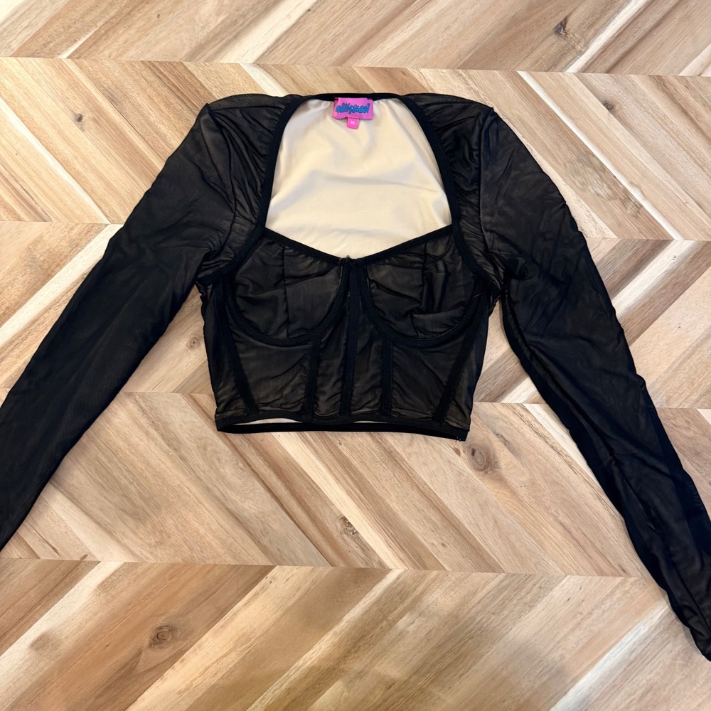 Y2K Edikted Black Mesh Corset Long Sleeve Crop Top XS Whimsigoth Rock Punk 90s‎